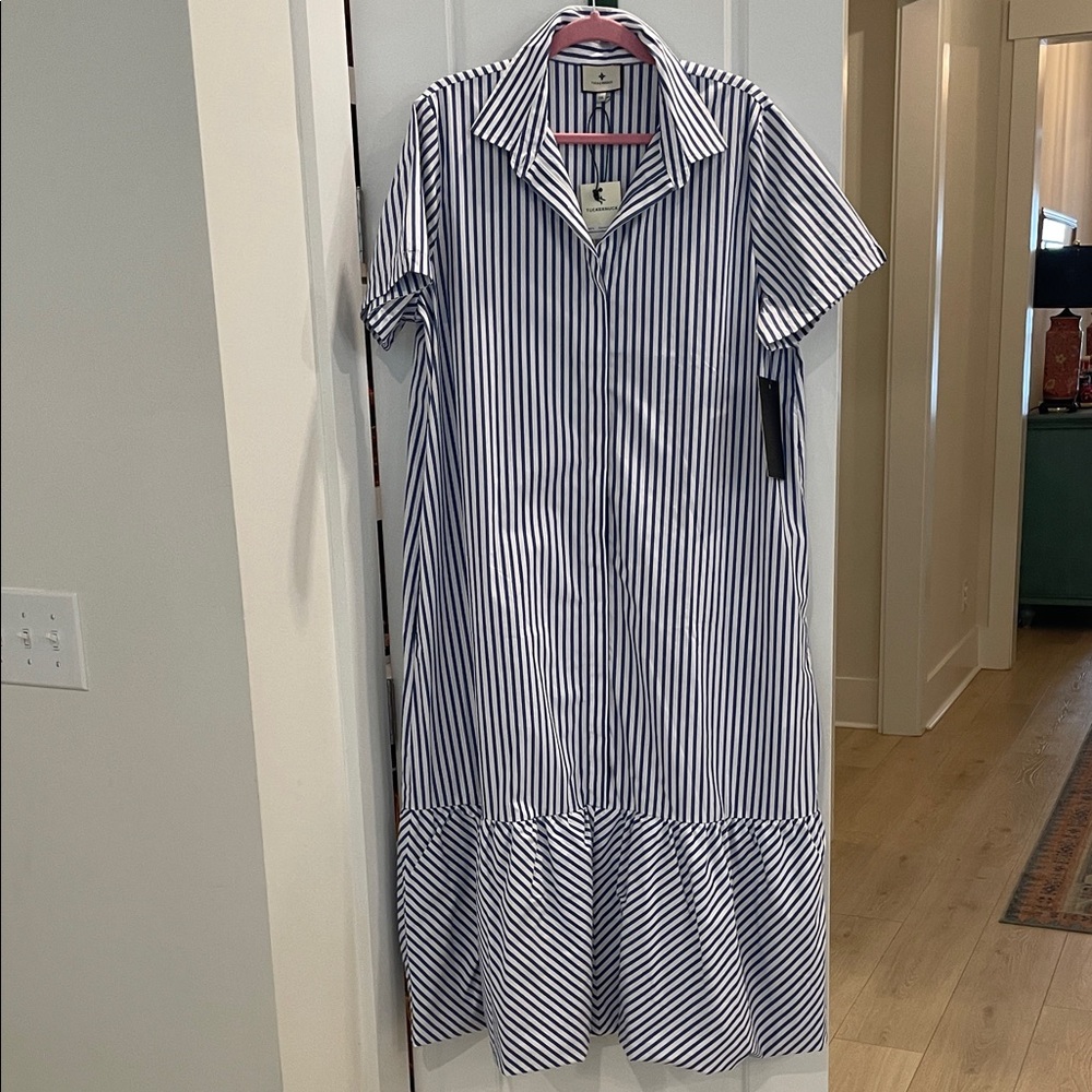 Tuckernuck blue and white striped shirt dress with bottom ruffle - Picture 3 of 7